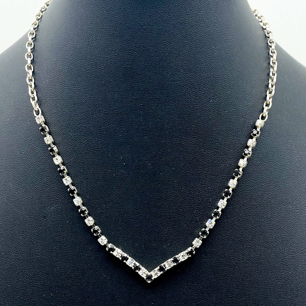 Vintage Silver Tone Clear Rhinestone V Drop Tennis Necklace Formal Bridal